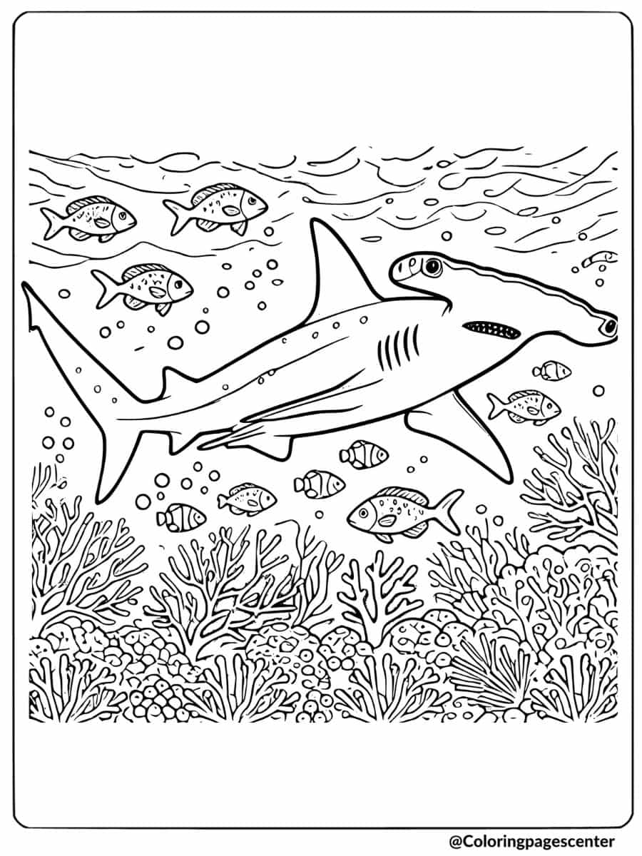 Hammerhead shark swimming with fish in the ocean coloring page