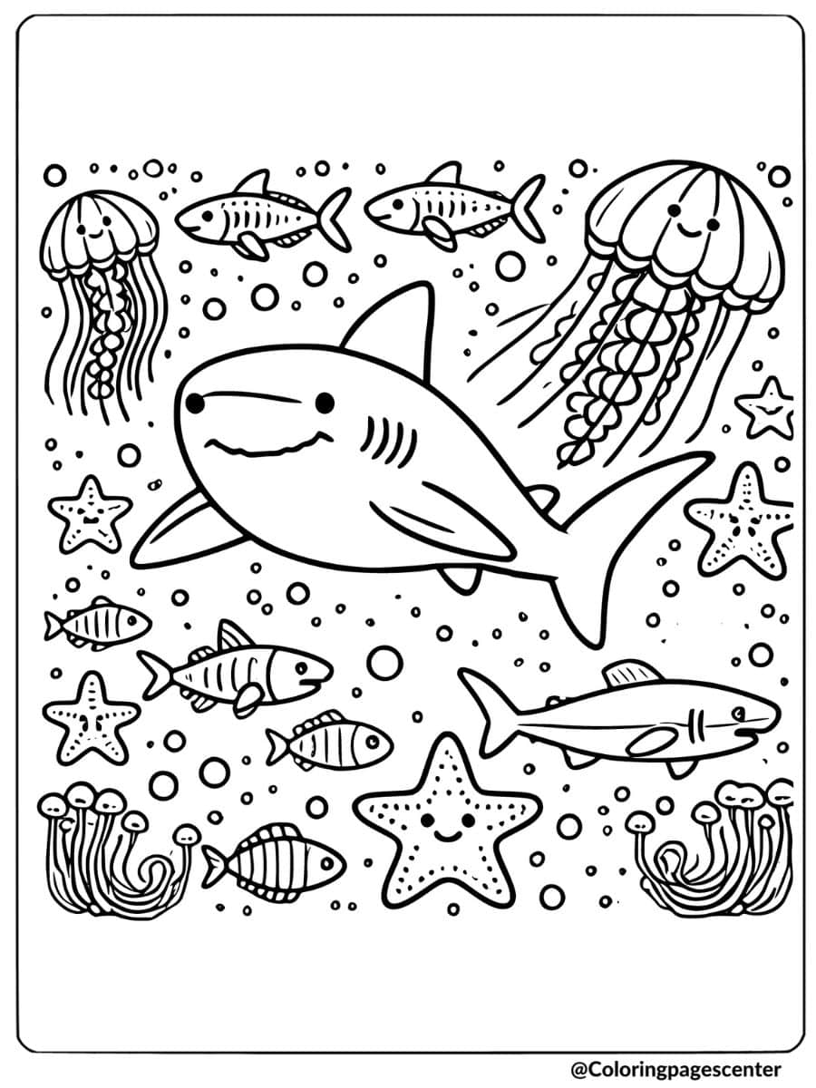 Shark swimming with fishes, jellyfish, and starfishes coloring page