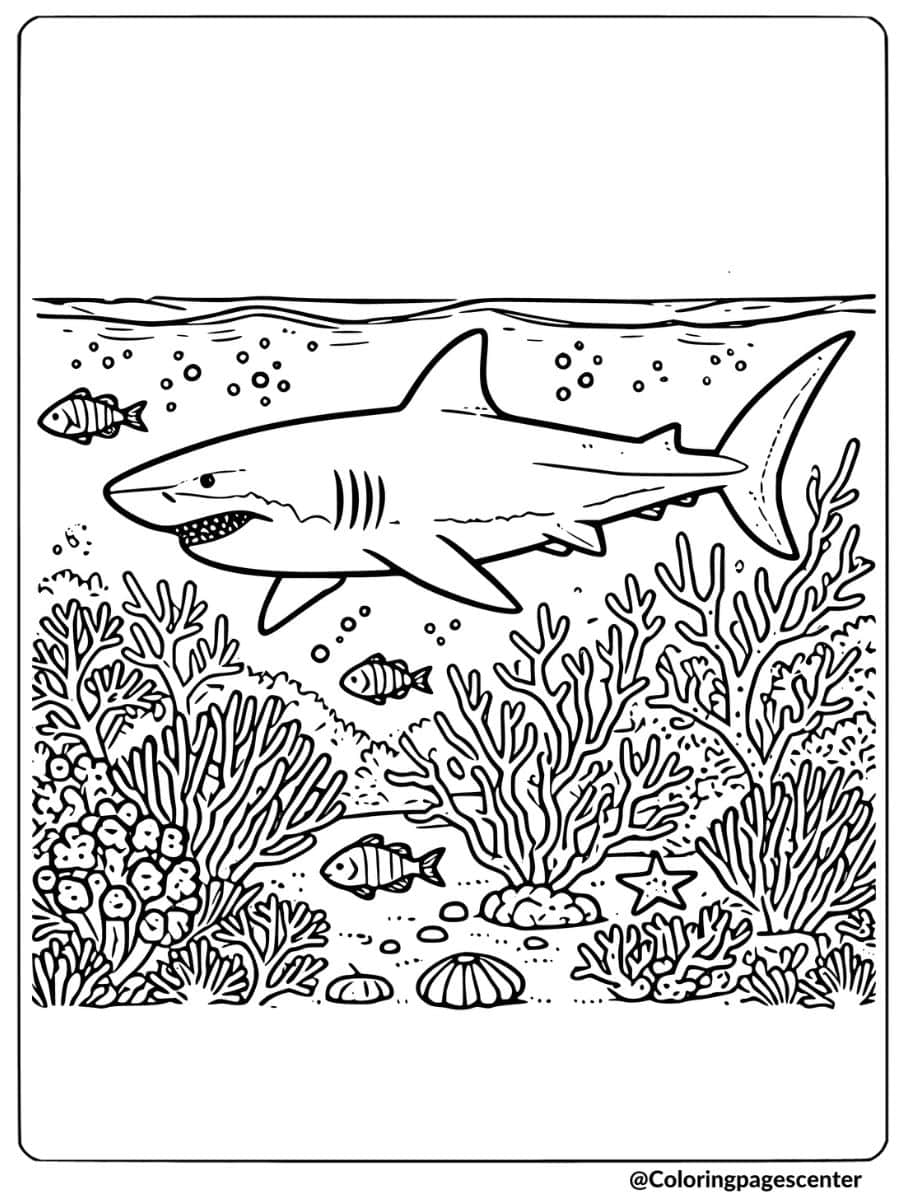 Megalodon shark with fish in detailed coral reef coloring page