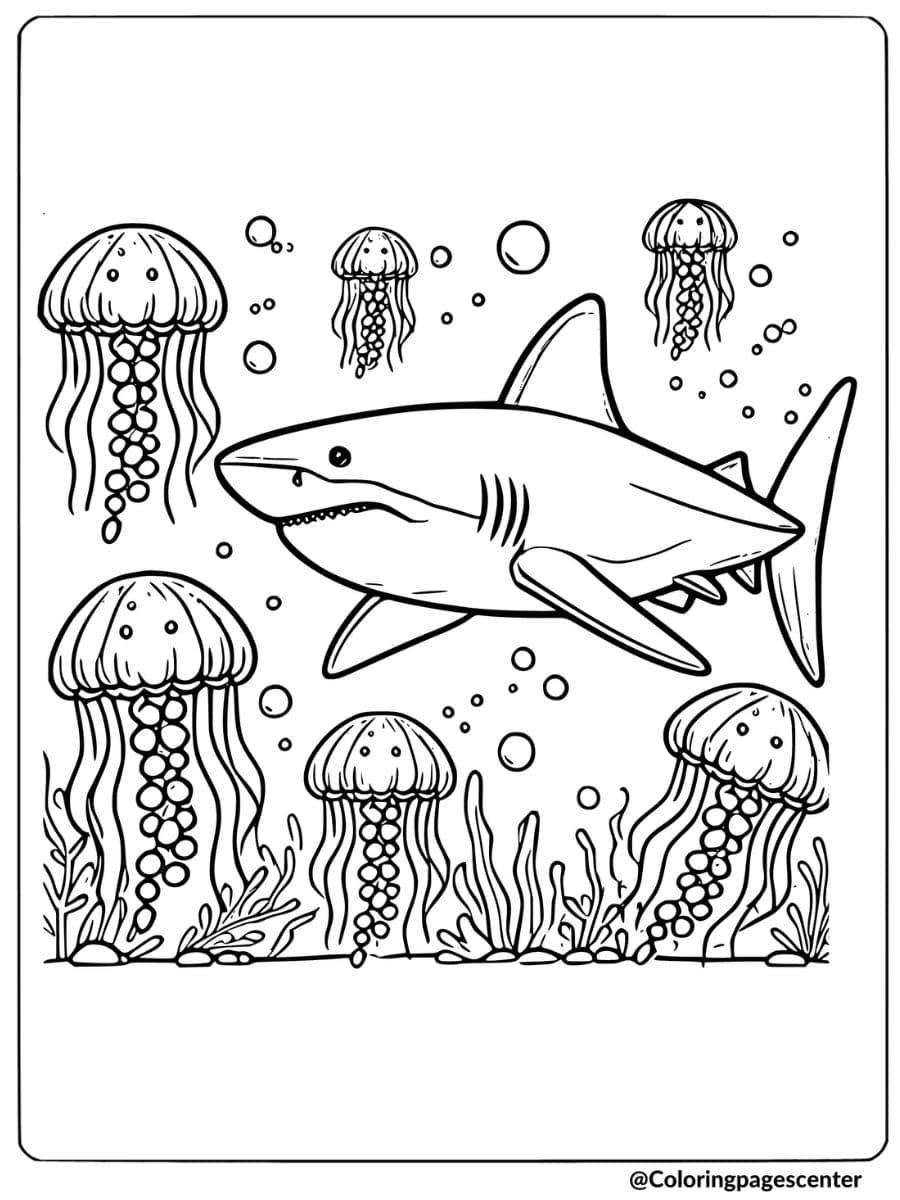 Megalodon shark with jellyfish and coral underwater coloring page