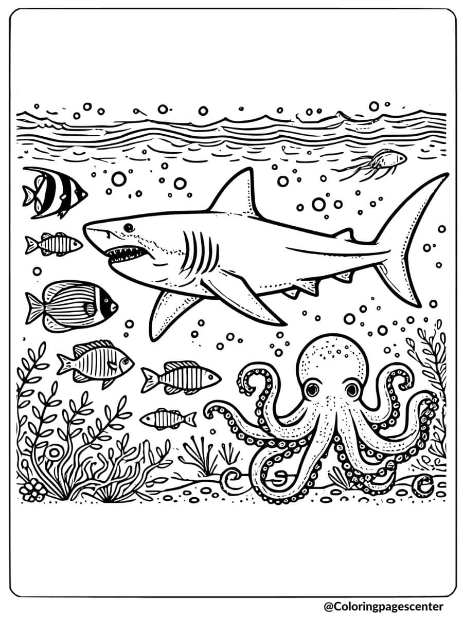 Megalodon shark with octopus and fish in ocean coloring page