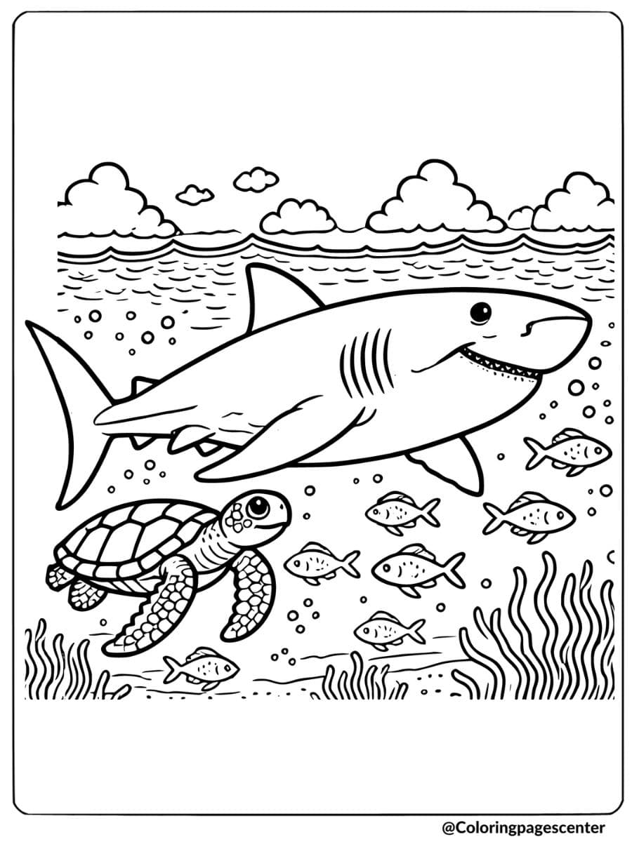 Megalodon shark with turtle and fish underwater coloring page