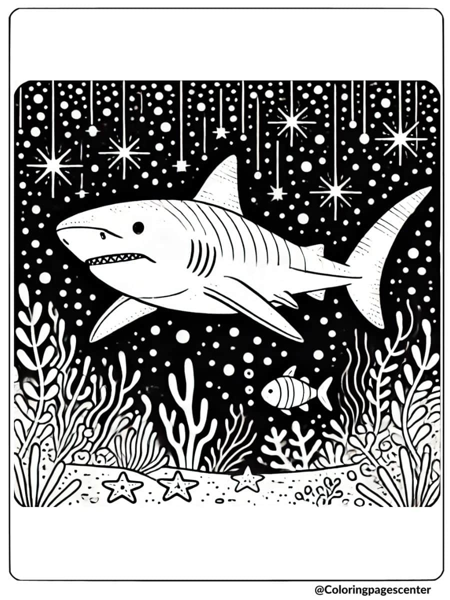 Megalodon shark in starry ocean with coral and stars coloring page