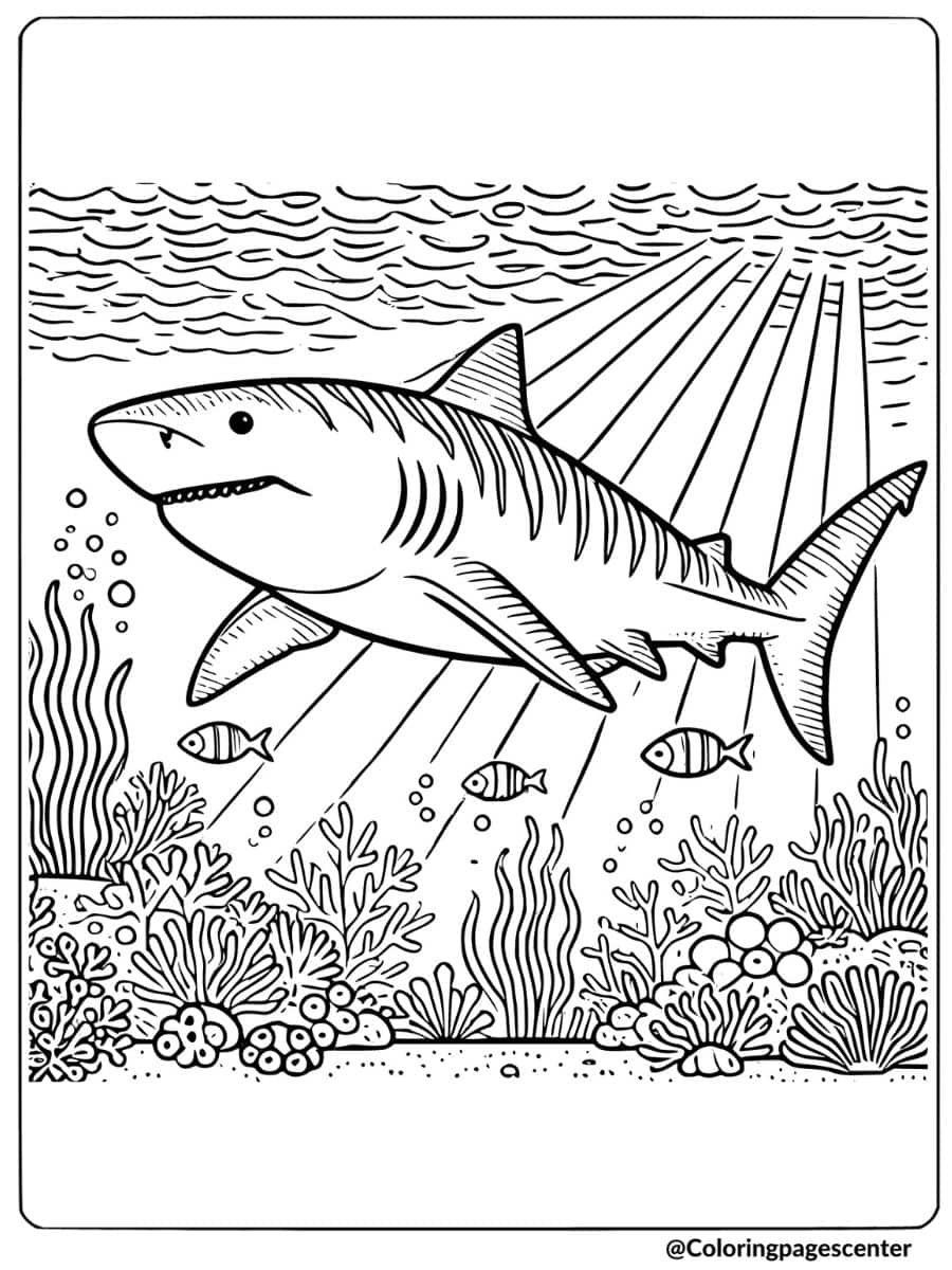 Megalodon shark in sunlit coral reef with fish coloring page