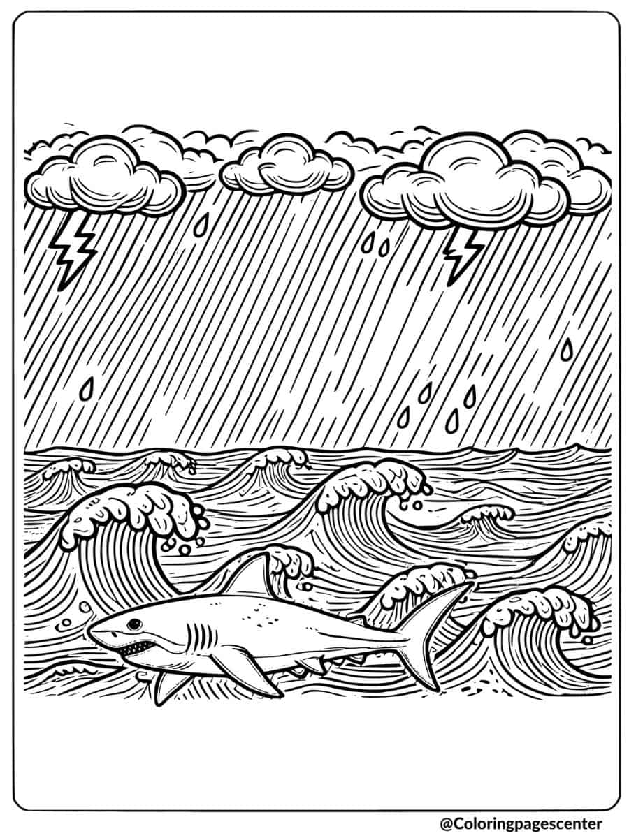 Megalodon shark in stormy sea with rain and lightning coloring page