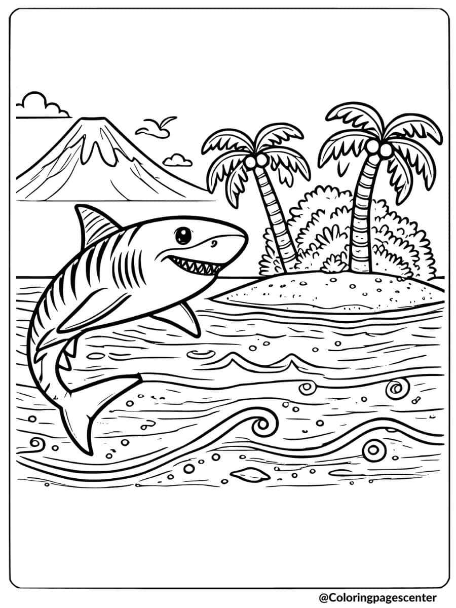 Megalodon shark near tropical island with waves coloring page