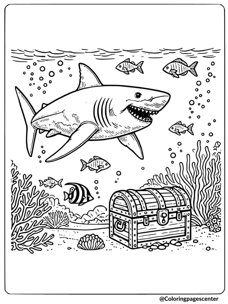 Smiling megalodon shark with treasure chest underwater coloring page