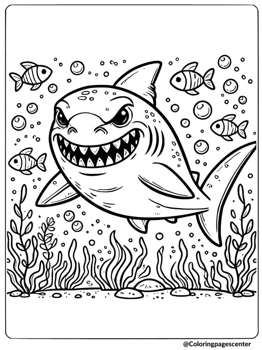 Scary shark swimming with fish coloring page