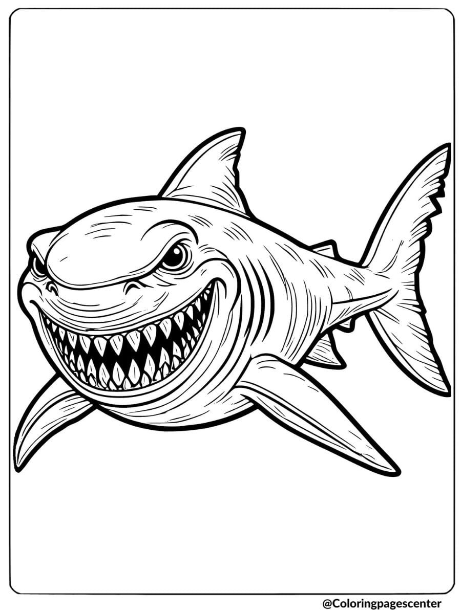 Scary shark close-up with sharp teeth coloring page