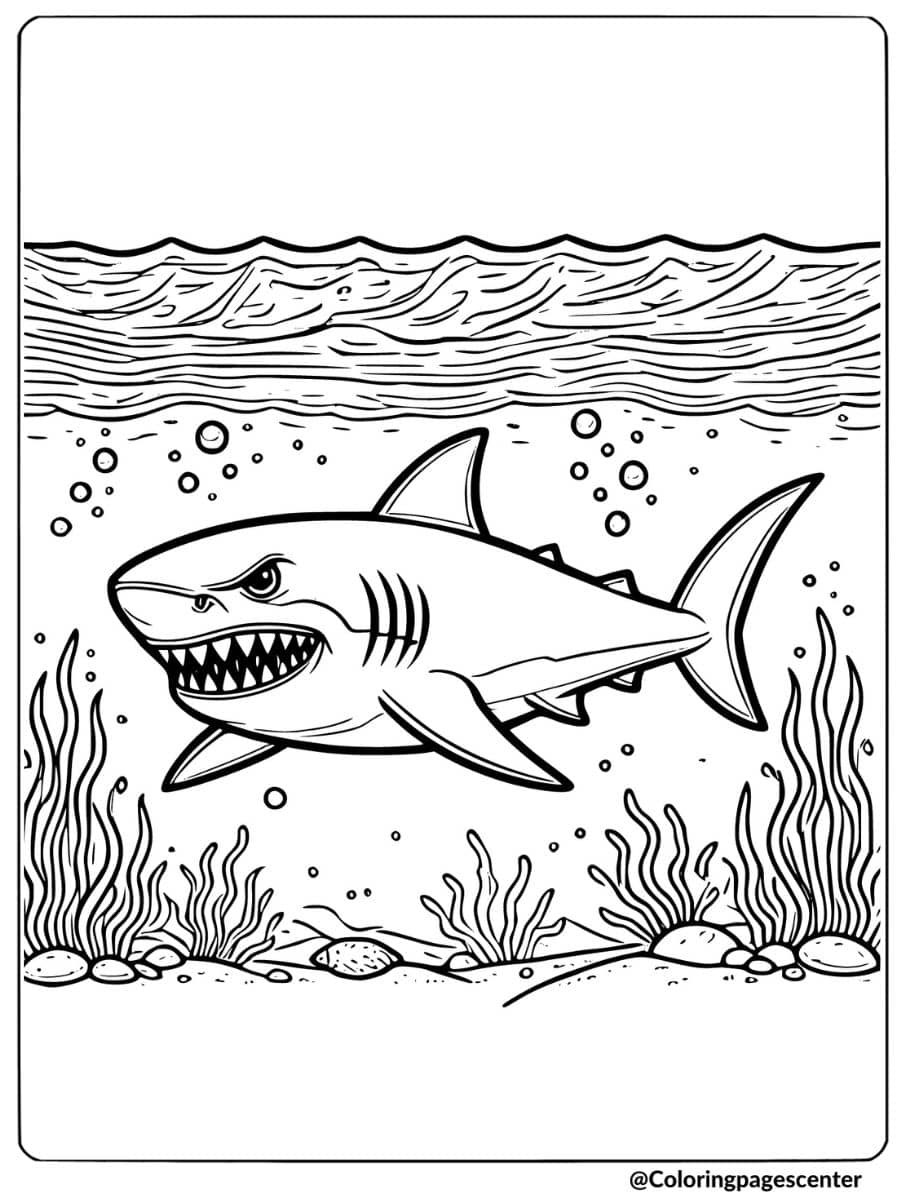 Scary shark swimming in deep ocean coloring page