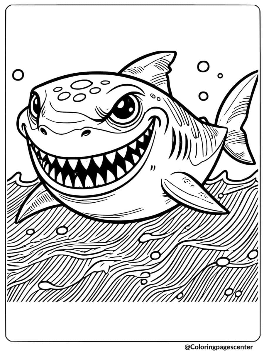 Scary shark with sharp teeth in ocean coloring page