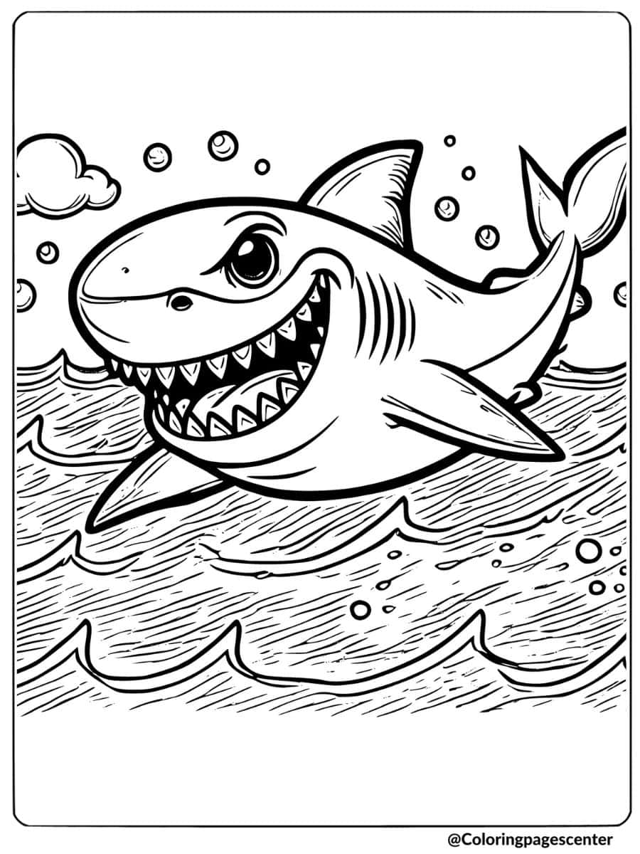 Scary shark in wavy ocean coloring page