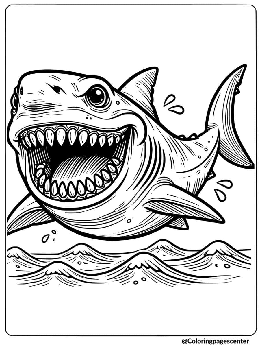 Scary shark jumping out of water coloring page