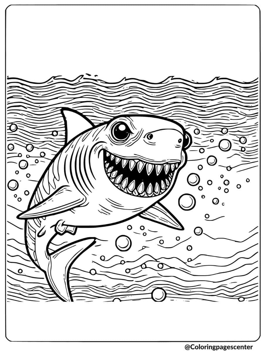 Scary shark with big smile underwater coloring page