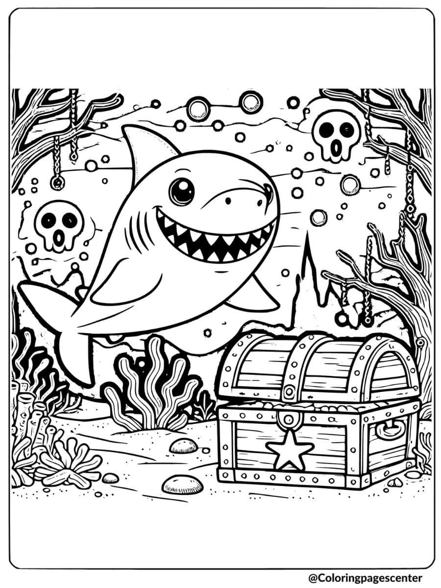 Scary shark swimming with treasure chest underwater coloring page