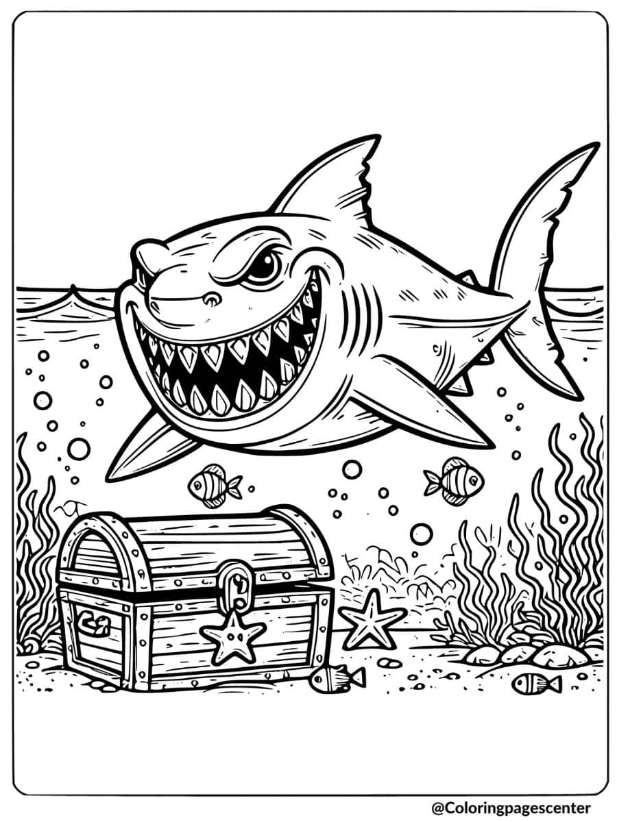 Scary shark guarding treasure underwater coloring page