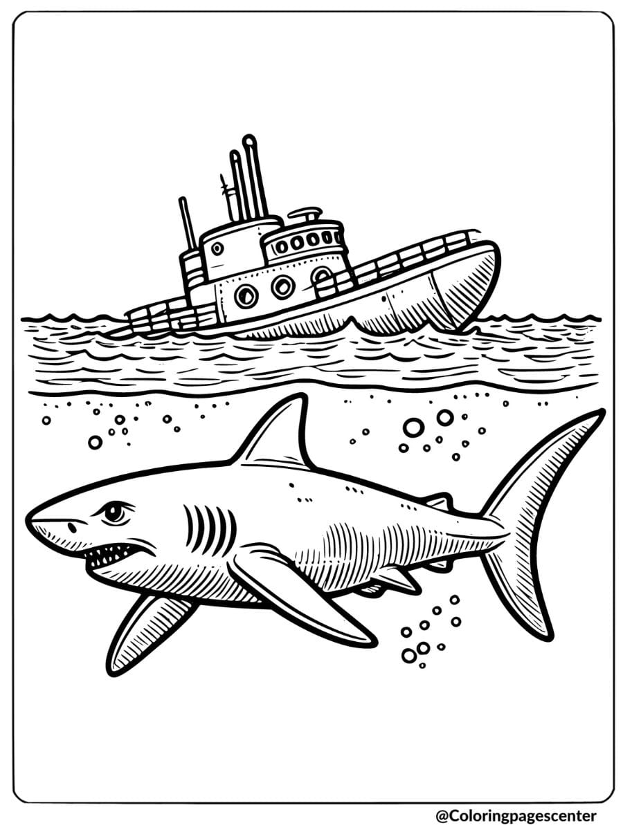 Shark swimming under a boat in the ocean coloring page