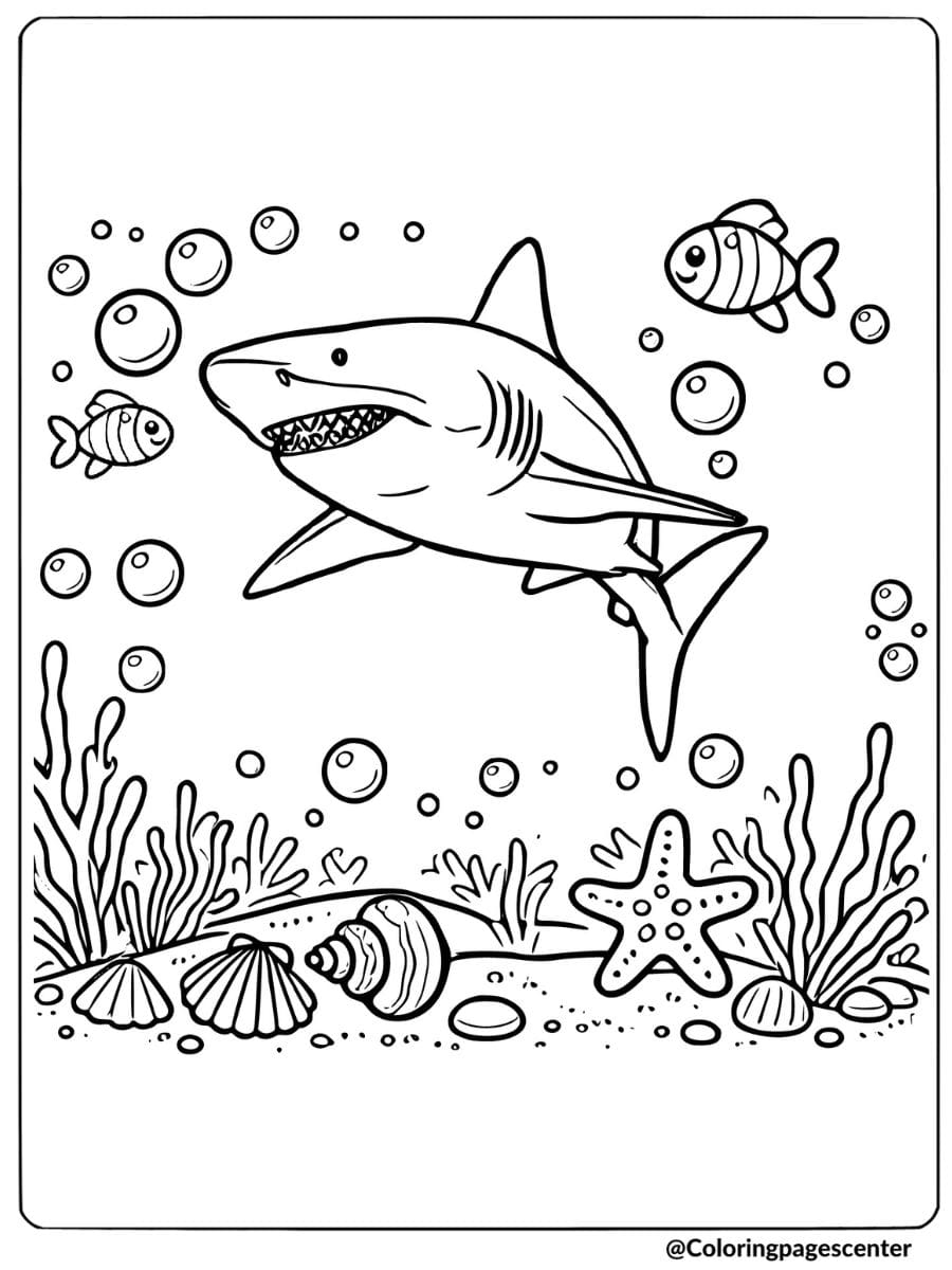 Shark swimming with fish and seashells coloring page