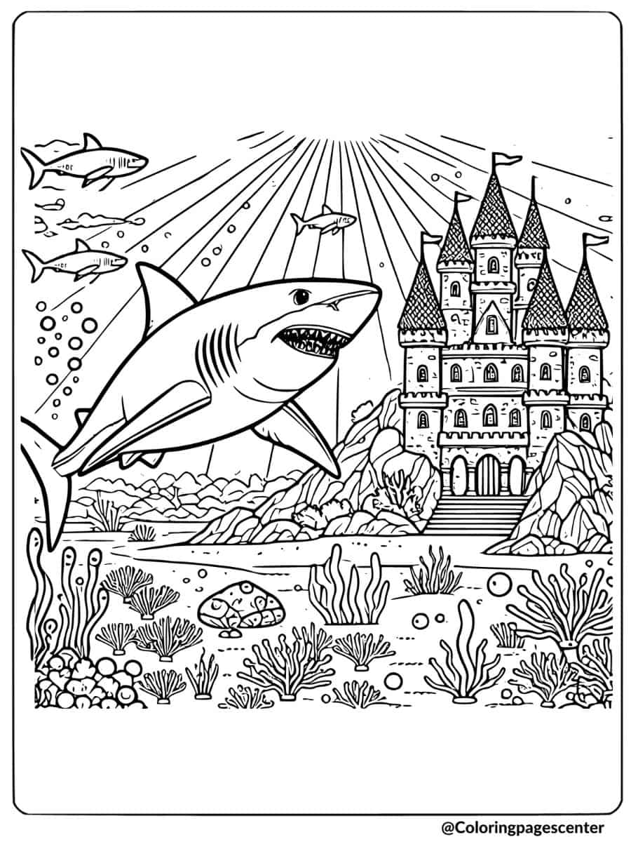 Shark swimming by an underwater castle coloring page