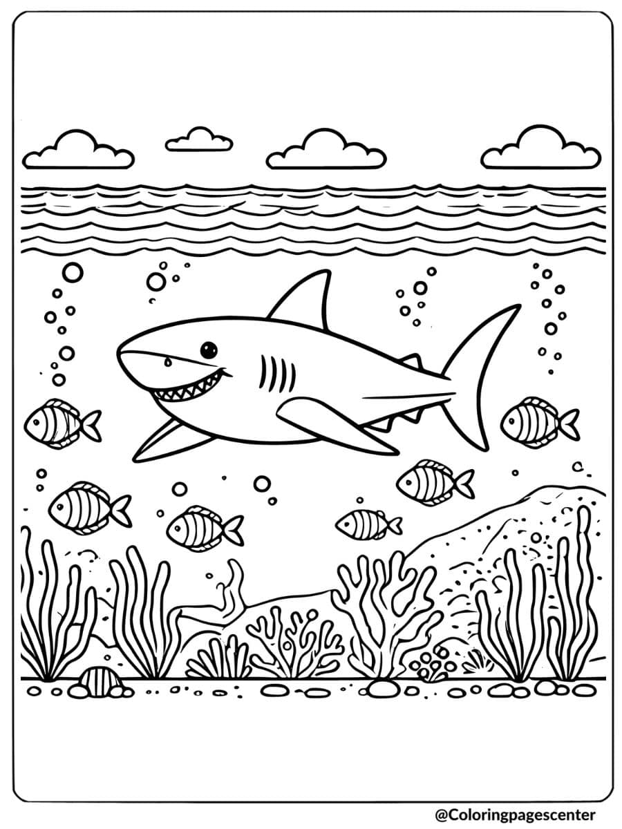 Shark swimming in a coral reef with fish coloring page