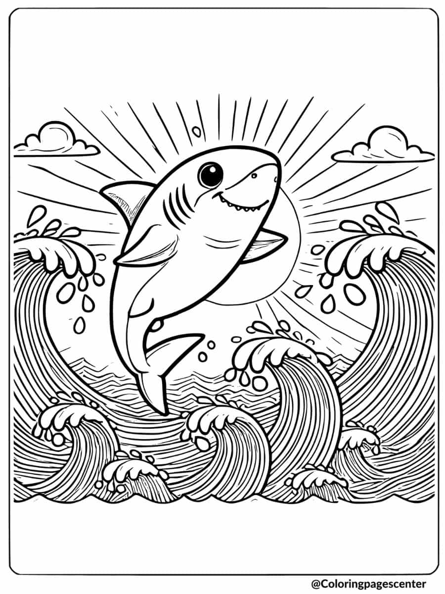 Shark jumping over ocean waves coloring page