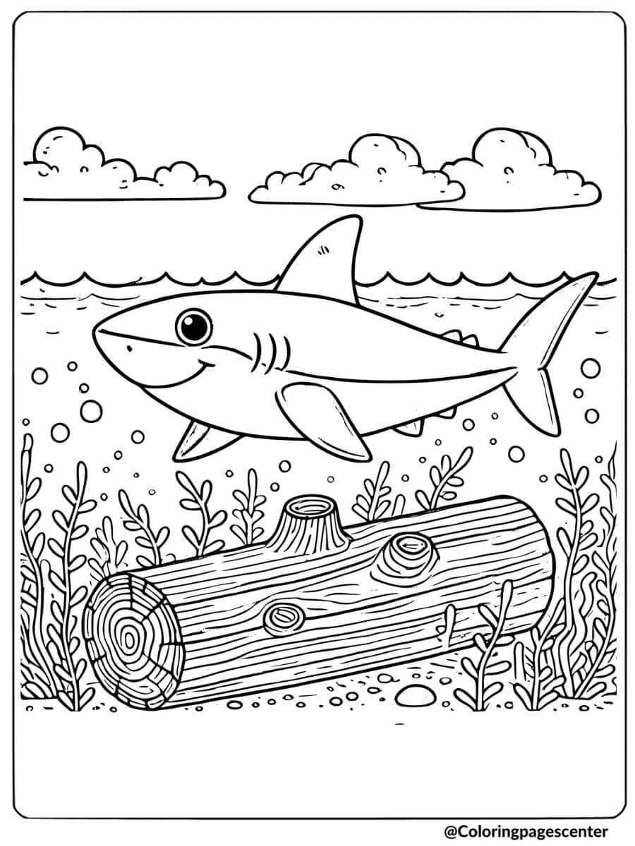 Shark swimming near a log and sea plants coloring page