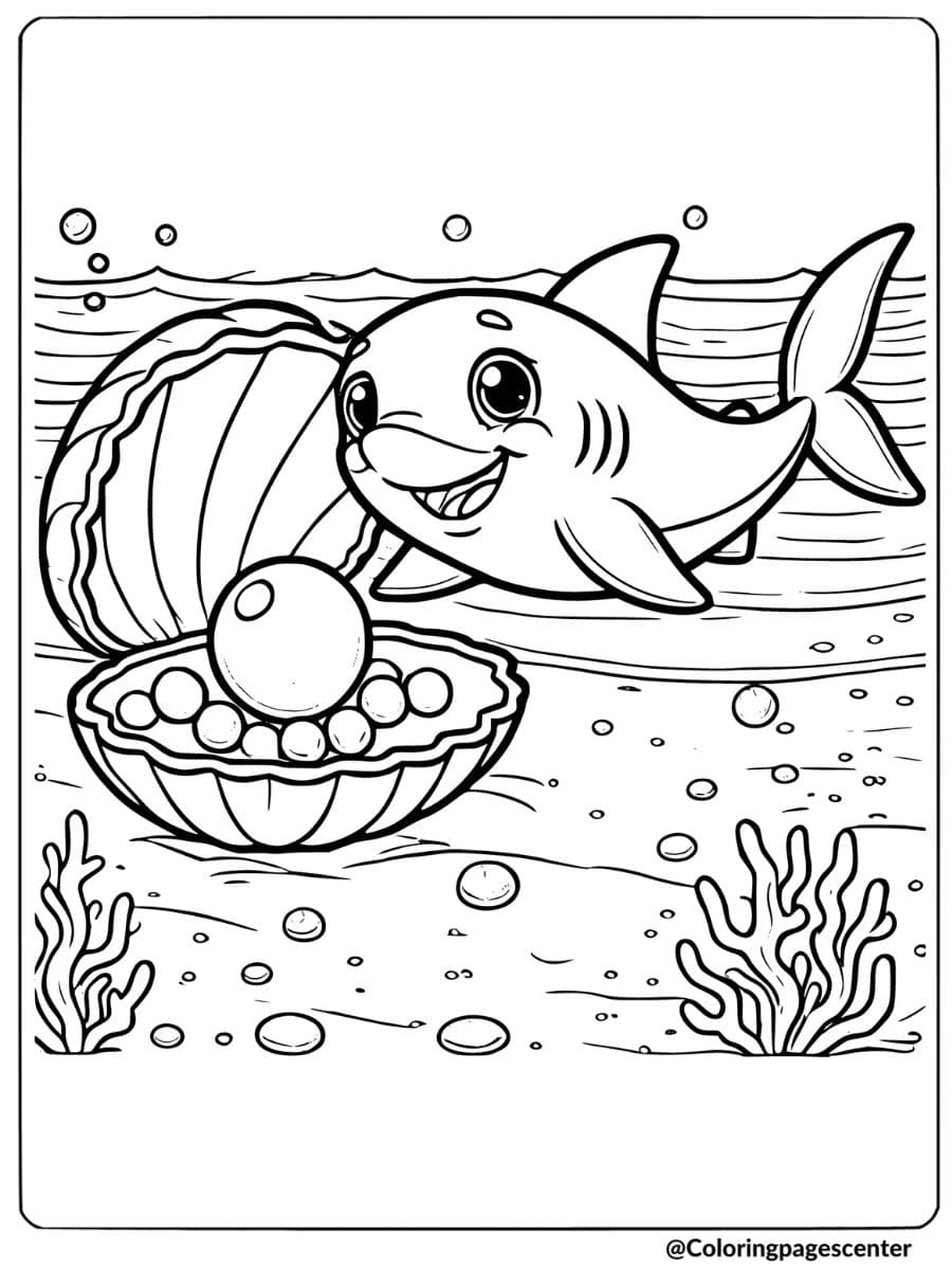 Shark swimming next to a clam with pearls coloring page