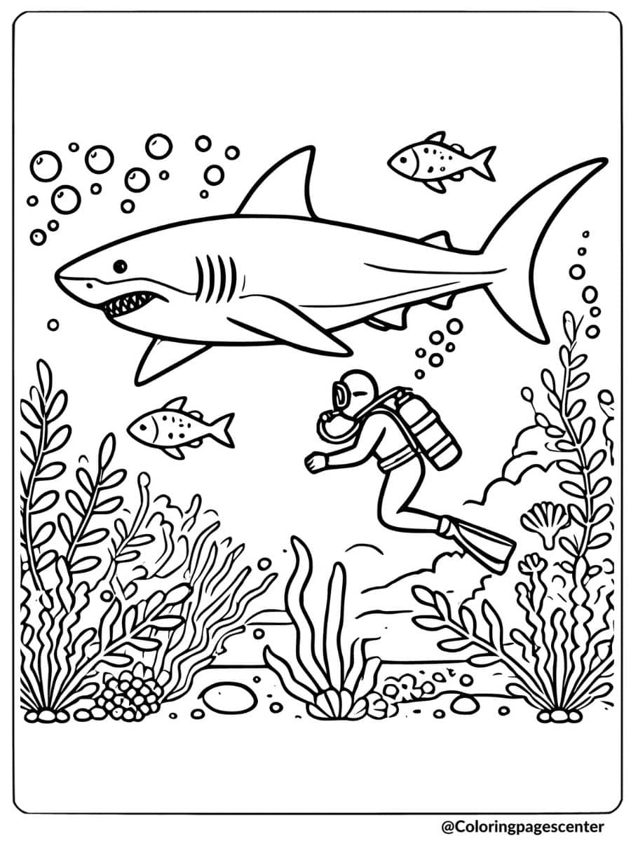 Shark swimming with a diver underwater coloring page