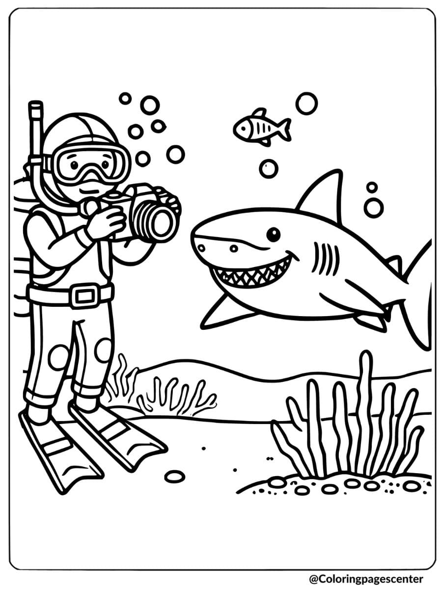 Shark swimming with a diver taking a photo underwater coloring page