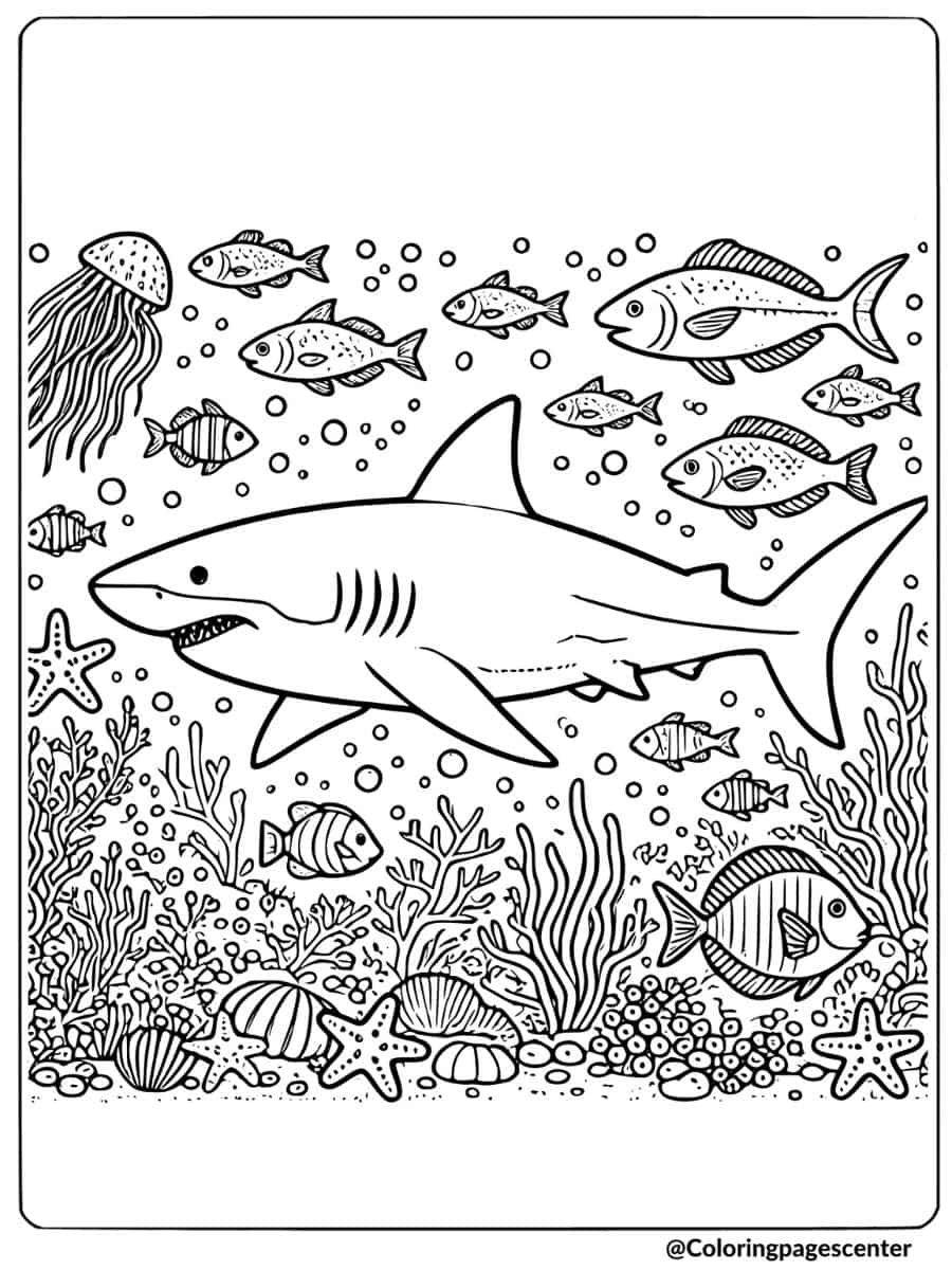 Shark swimming with fish and jellyfish coloring page