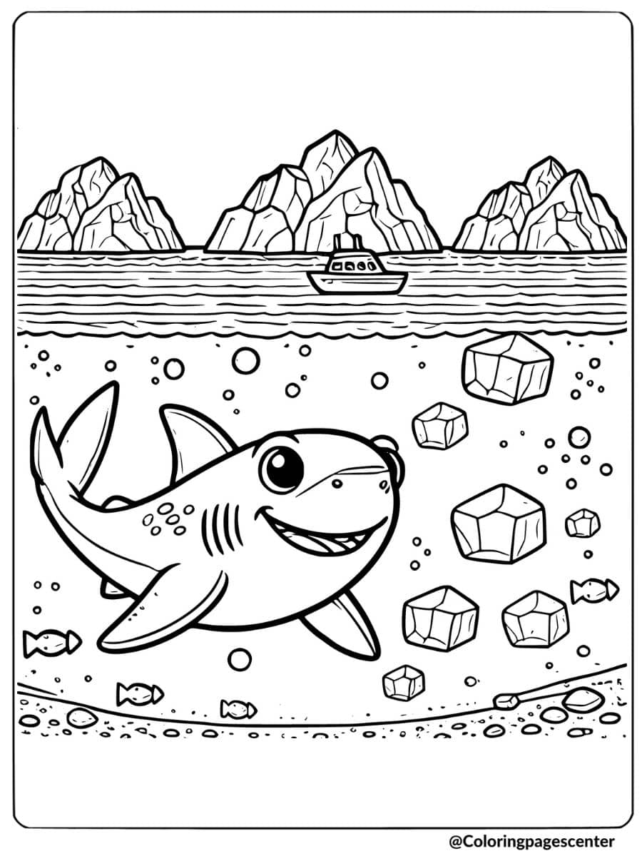 Shark swimming with ice cubes and a boat in the background coloring page