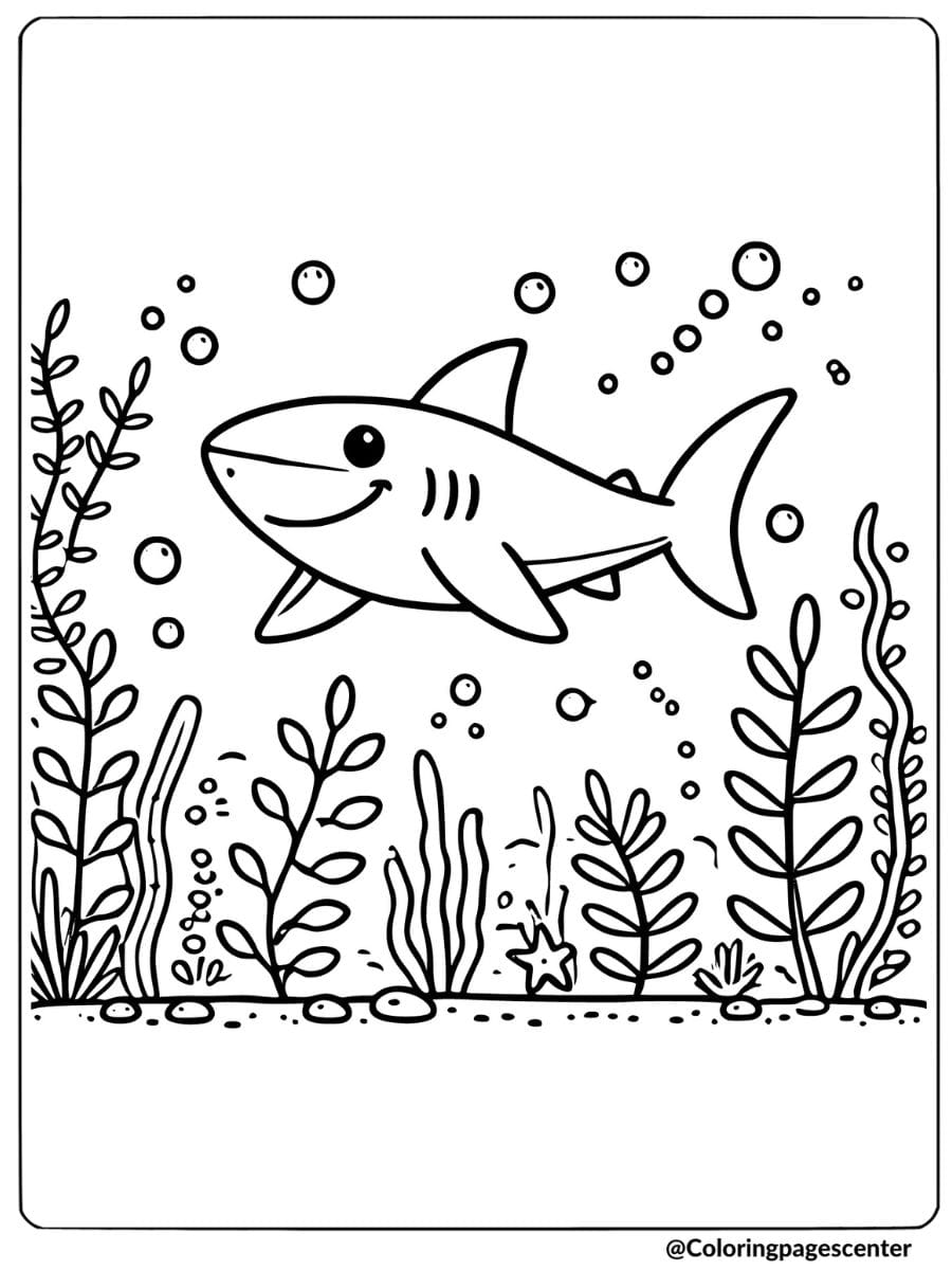 Shark swimming in seaweed underwater scene coloring page