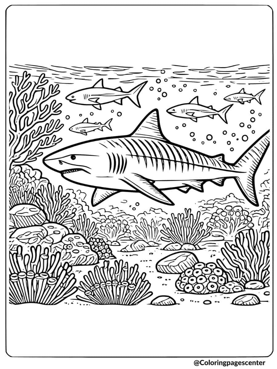 Coloring page of tiger shark in coral reef