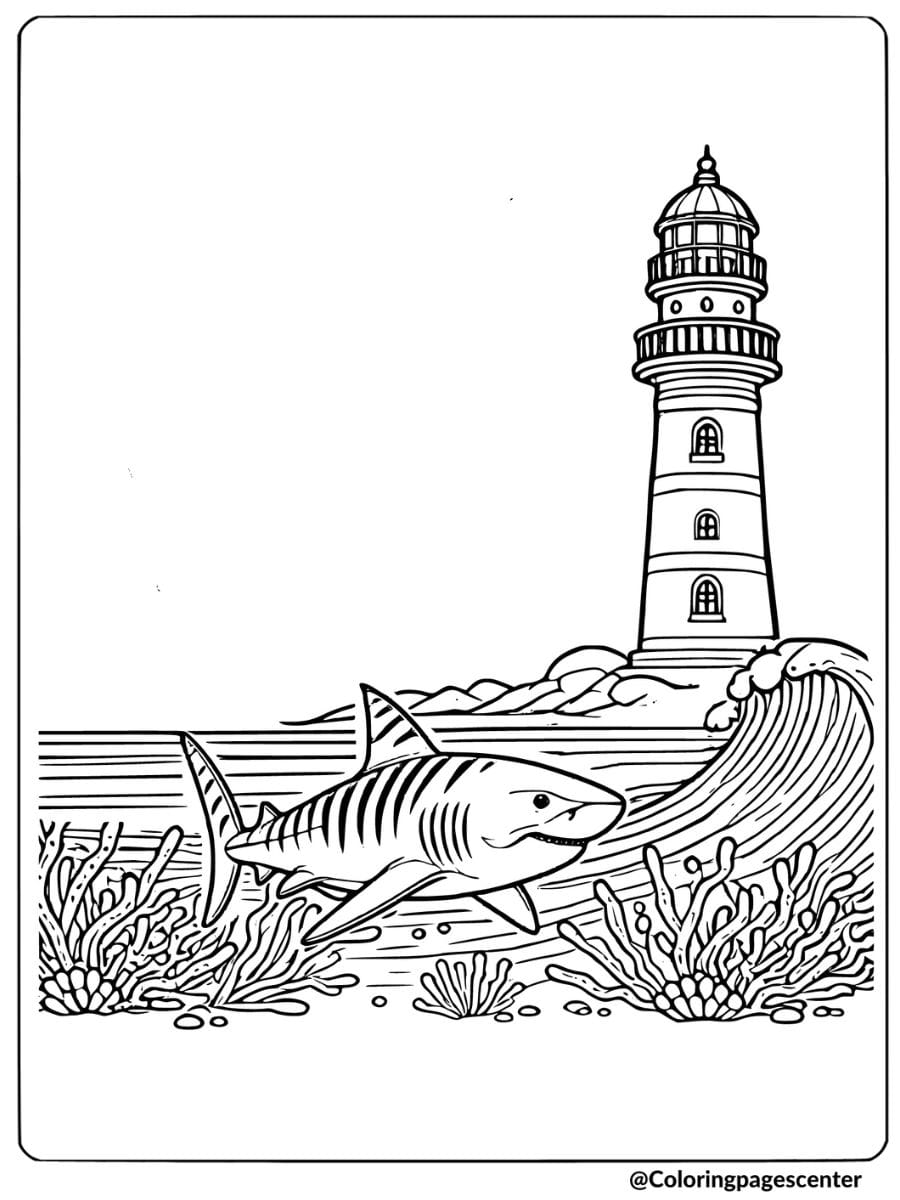 Coloring page of tiger shark near lighthouse