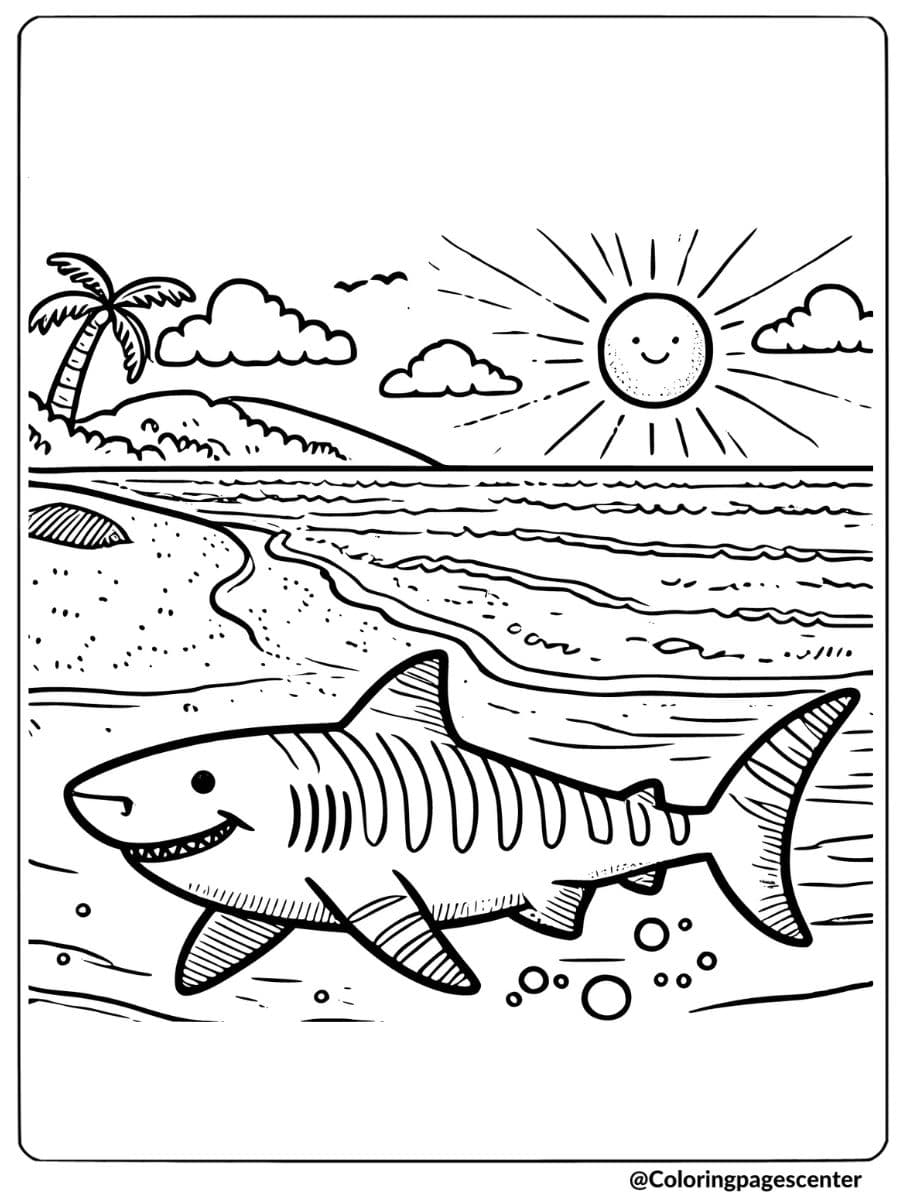 Coloring page of tiger shark on a sunny beach