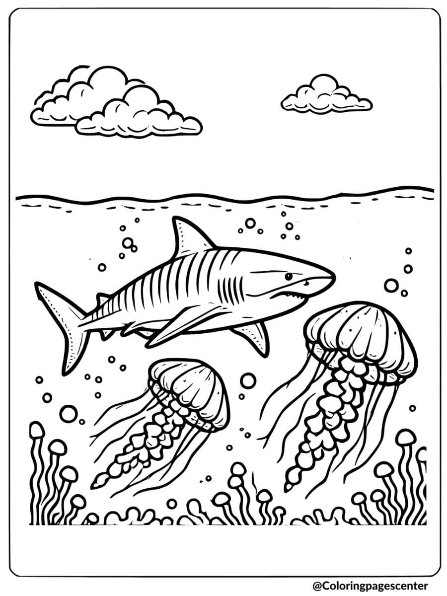 Coloring page of tiger shark with jellyfish