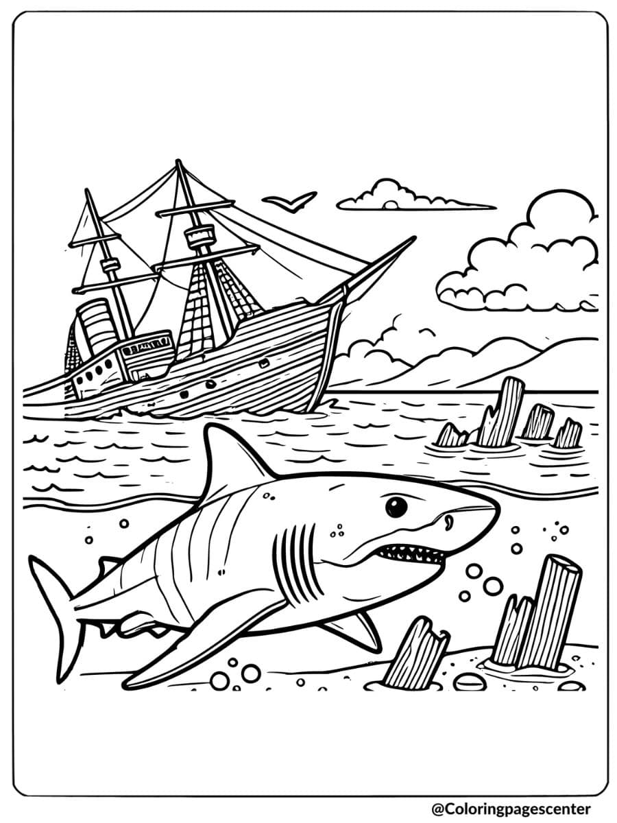 Coloring page of tiger shark swimming near a shipwreck