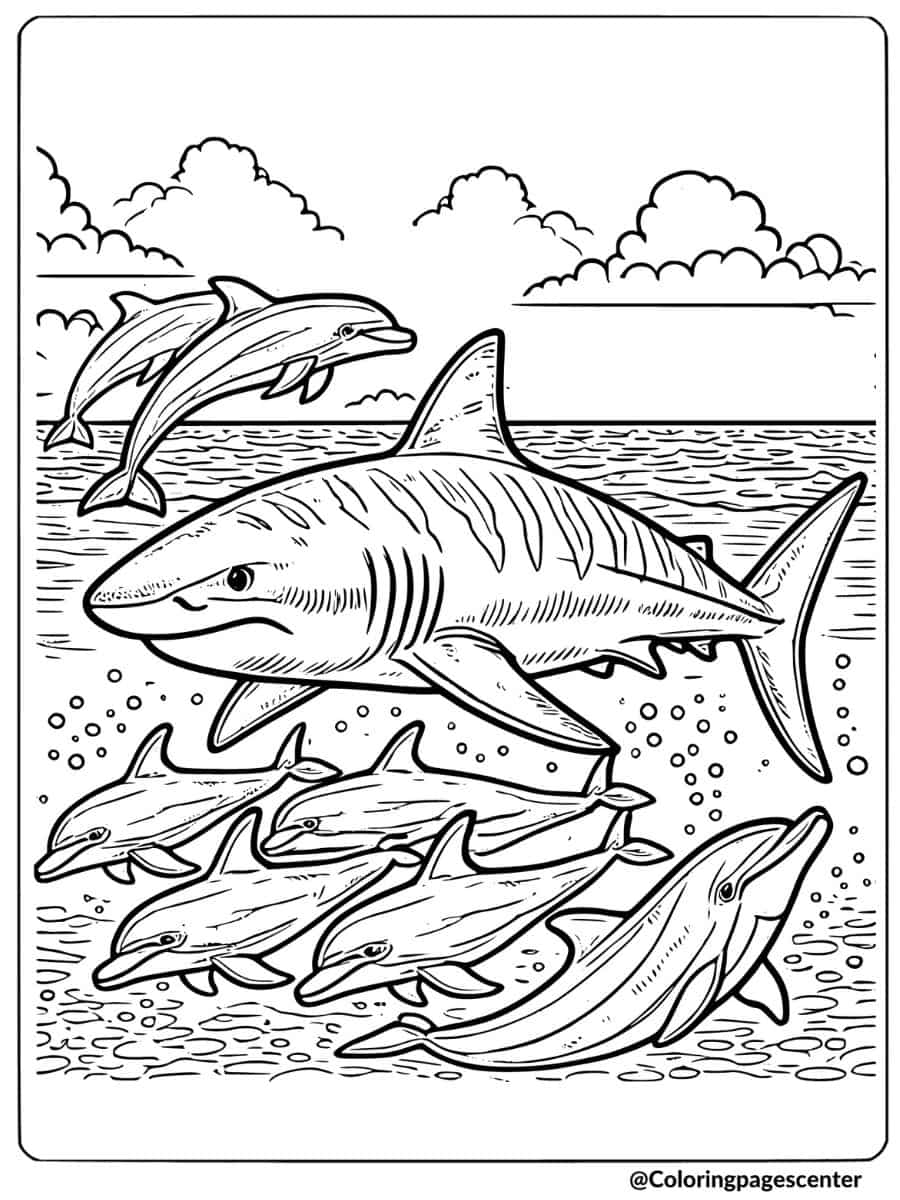 Coloring page of tiger shark and dolphins in the ocean