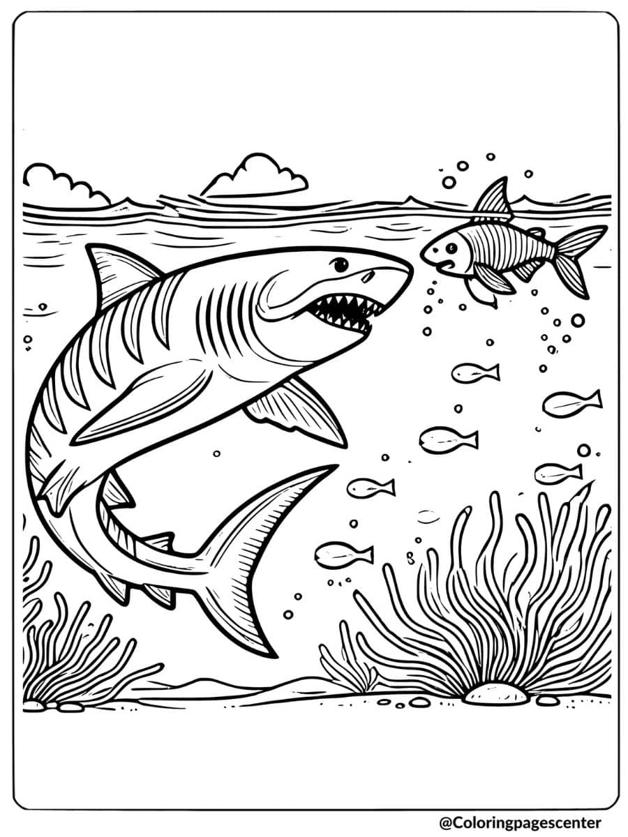 Tiger shark chasing fish underwater coloring page