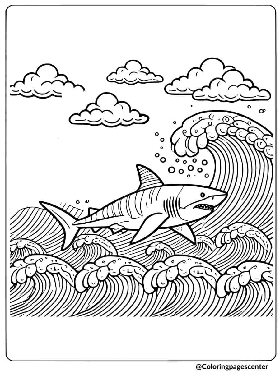 Tiger shark in ocean waves coloring page