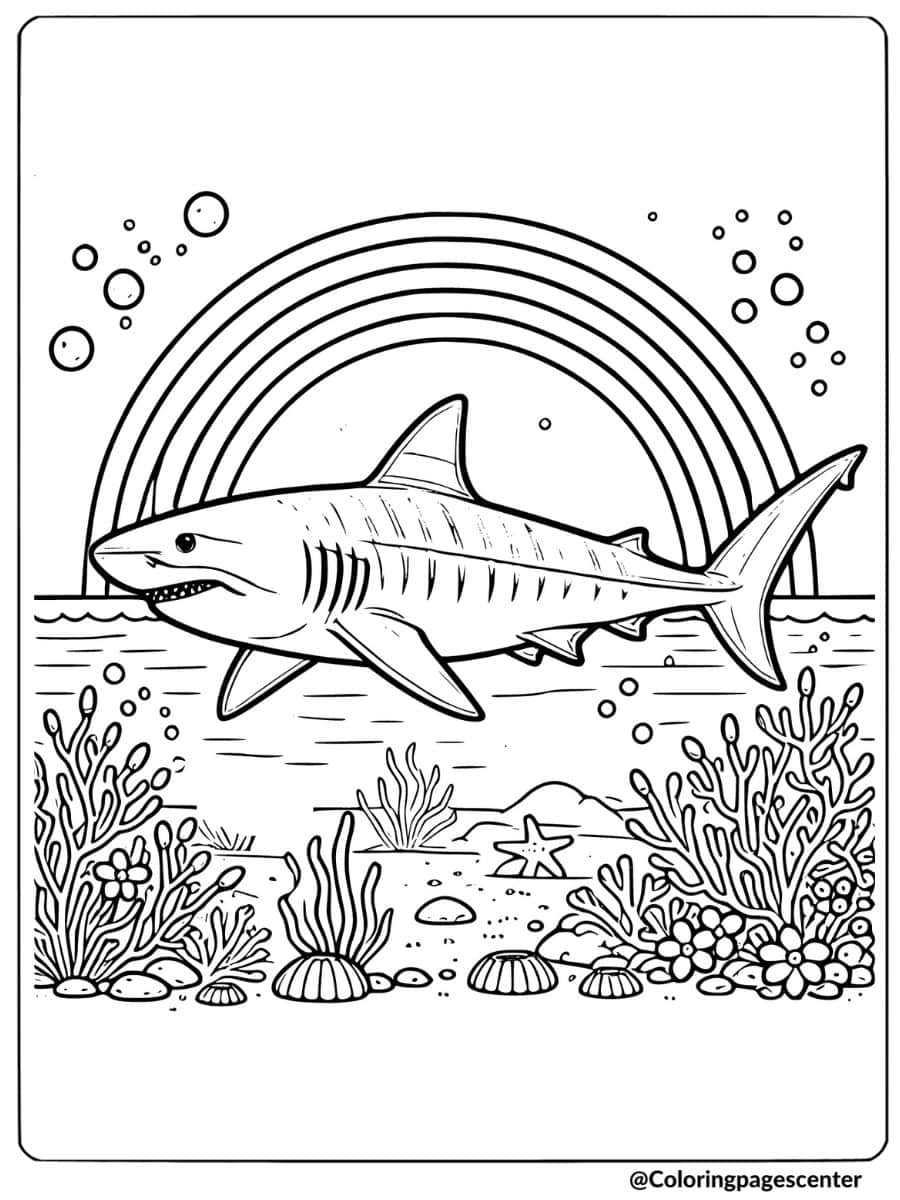 Coloring page of tiger shark with rainbow underwater