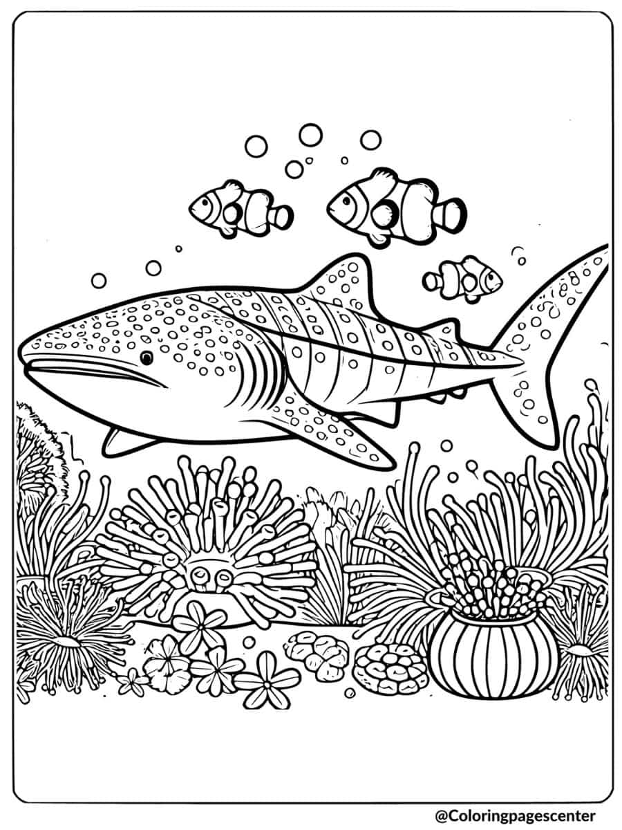 Whale shark with clownfish in a vibrant coral reef coloring page