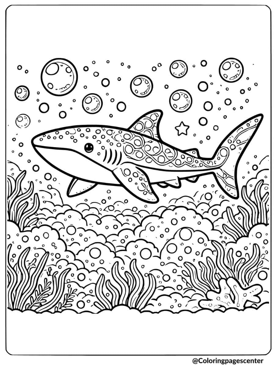 Whale shark surrounded by bubbles in the ocean coloring page