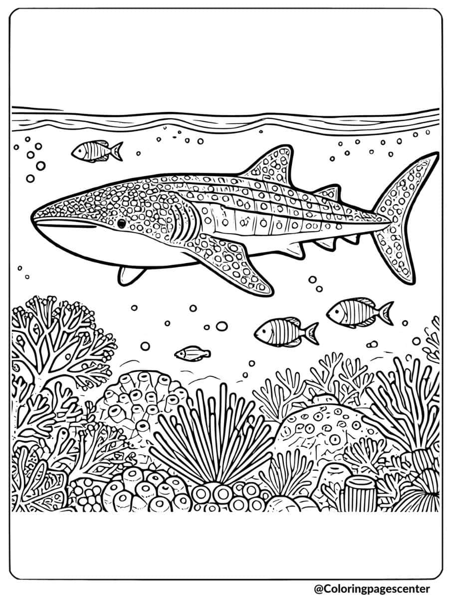 Whale shark swimming through coral reef with fish and coral coloring page