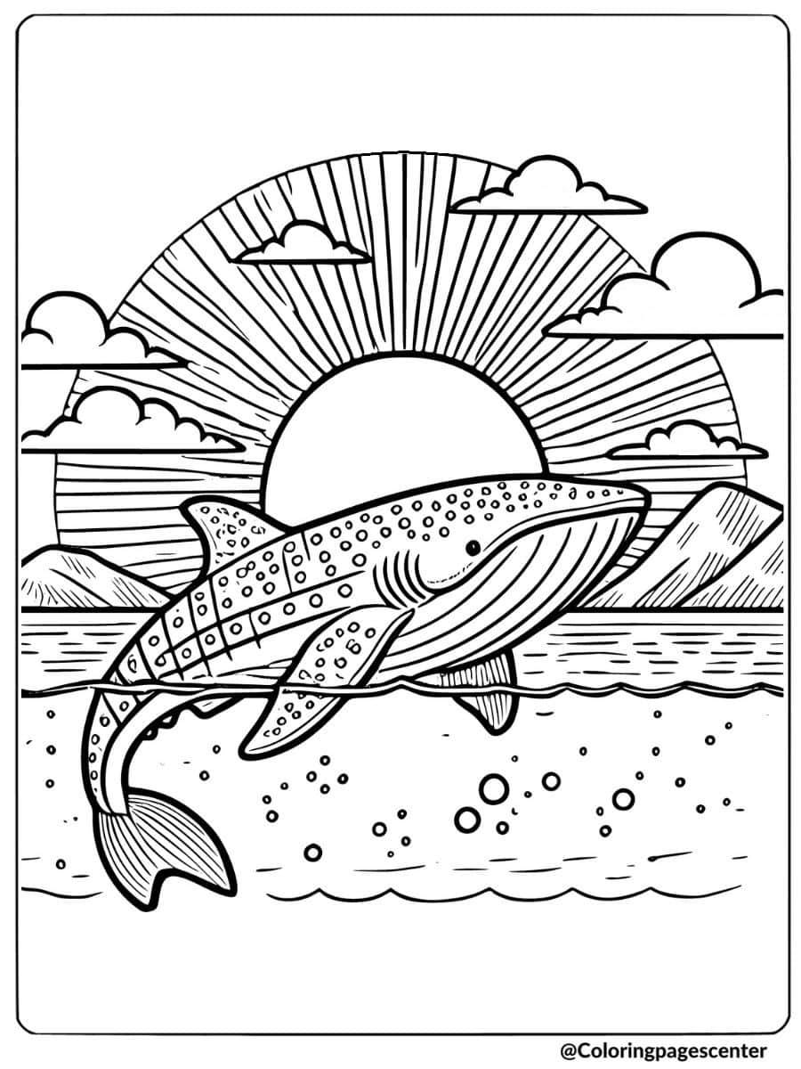 Whale shark swimming with clouds and waves coloring page