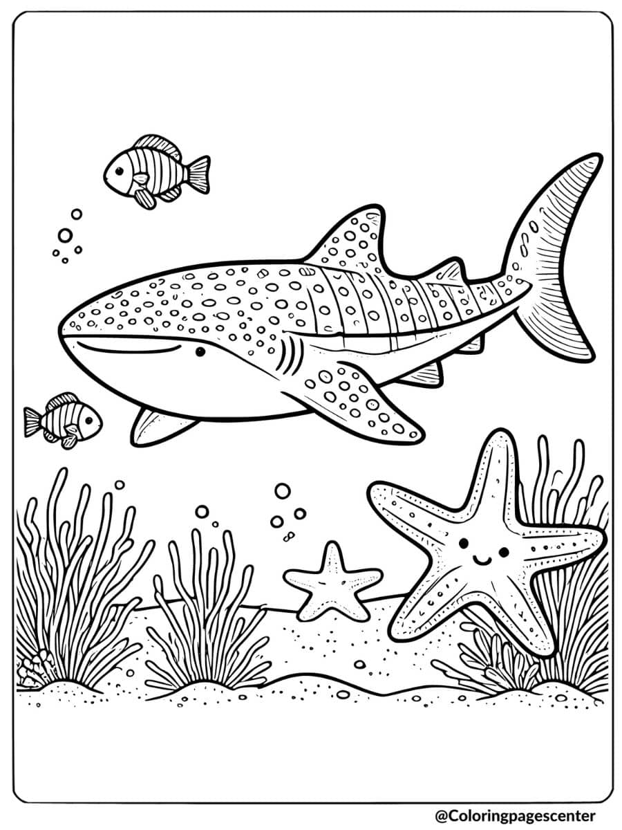 Whale shark swimming with fish and starfish in the ocean coloring page