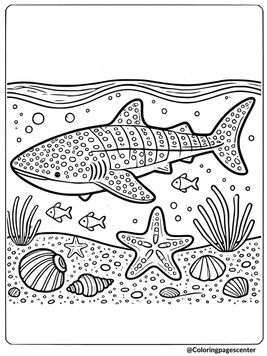 Whale shark swimming with sea creatures and shells coloring page