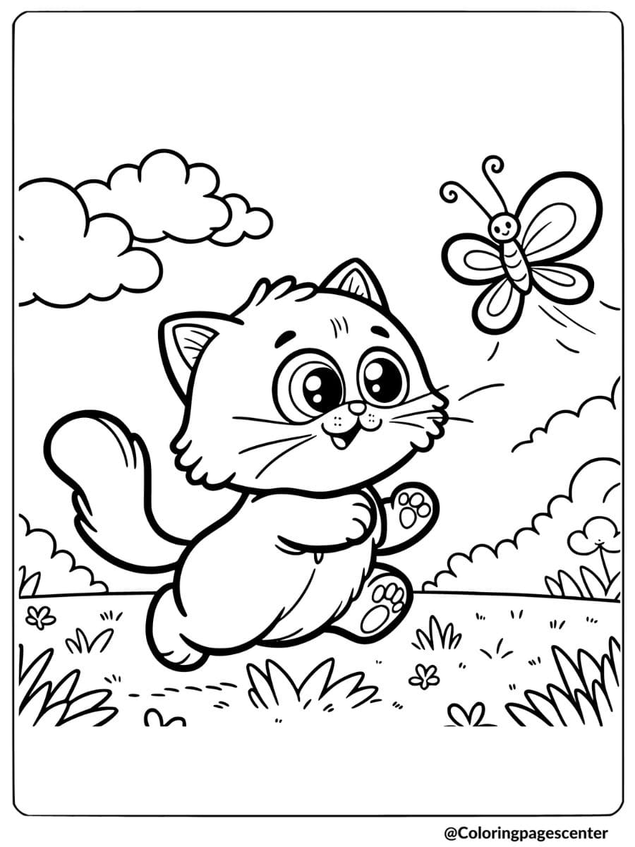 Silly cat chasing a butterfly coloring page