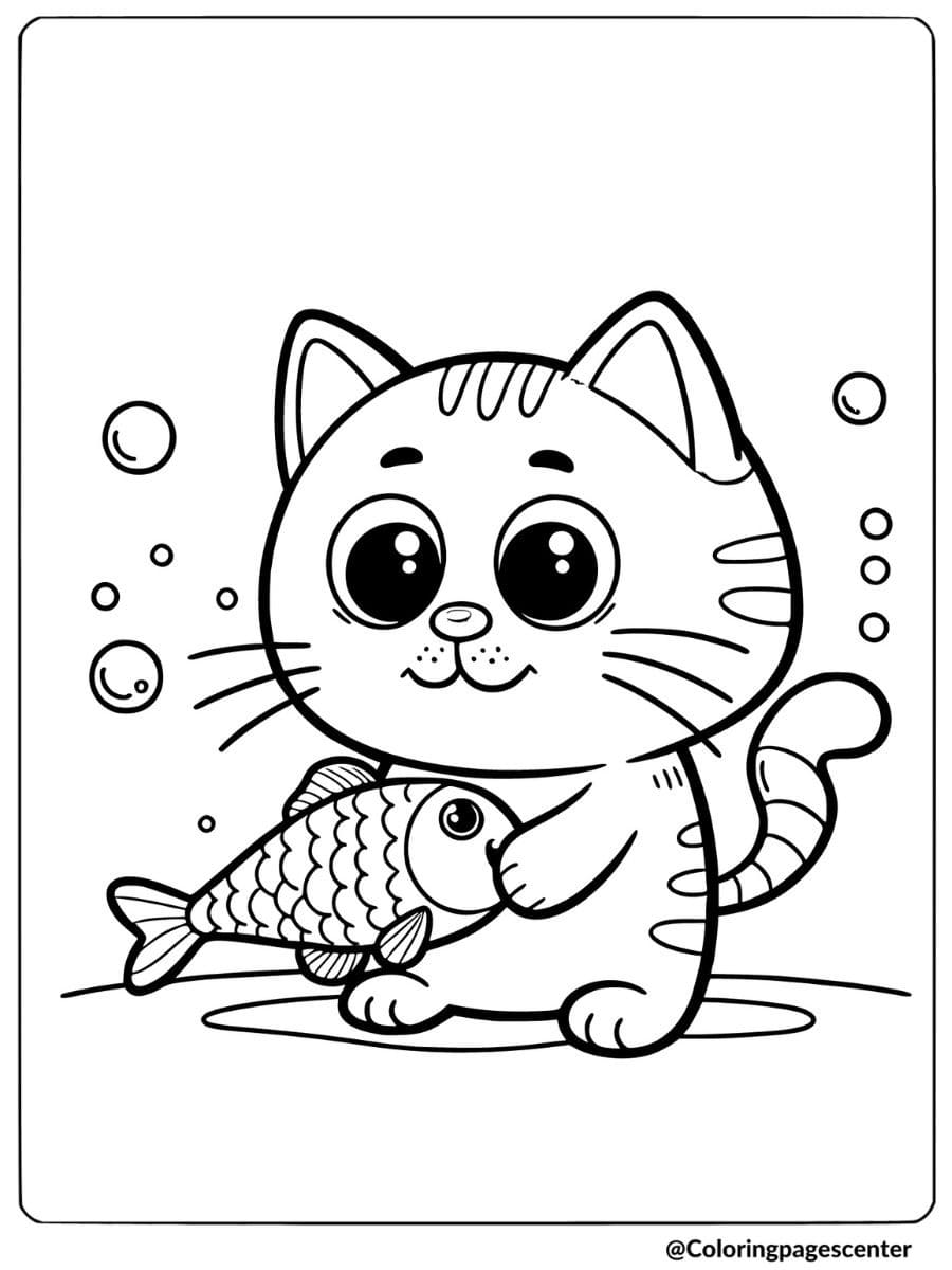 Silly cat holding a fish coloring page