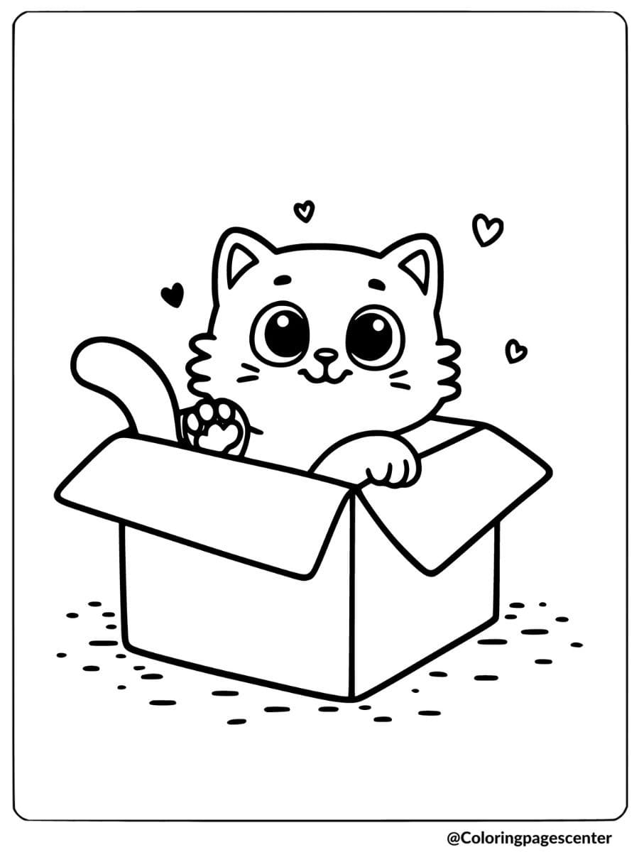 Silly cat peeking out of a box coloring page